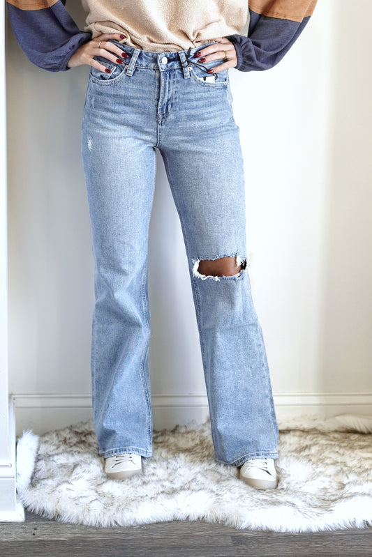 Sage Super High Rise Vintage Jeans Button/Zipper Closure Full Length Flare Distressed Knee On Left Side Leg Color/ Denim True To Size 99% Cotton, 1% Spandex