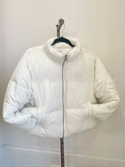 Penelope Perfect Puffer Jacket Zip Up Closure Long Sleeve Pockets Color: Cream Waistline Length 75% Polyester, 25% Nylon