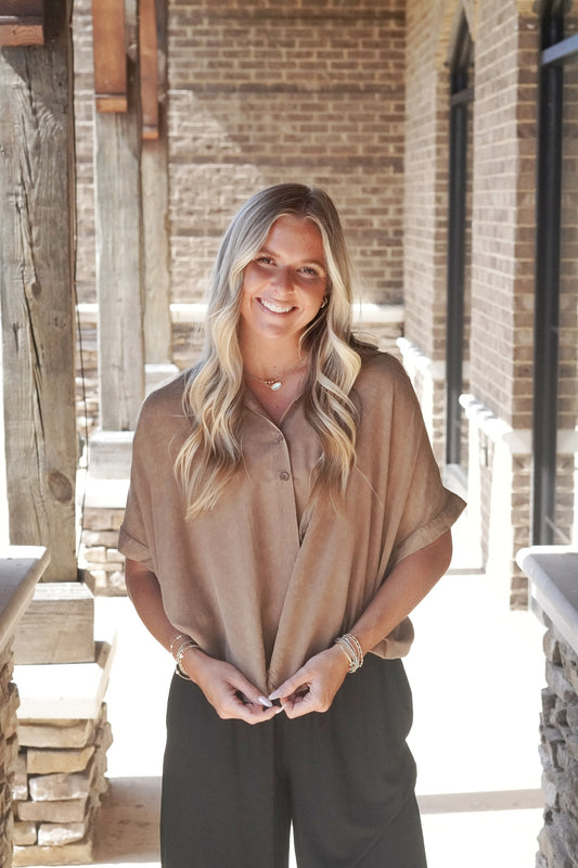 Allie Acid Wash Button Up Blouse Collared Neckline Short Sleeves Button Up Feature Color: Mustard w/ Acid Wash Full Length Relaxed Fit 100% Cotton