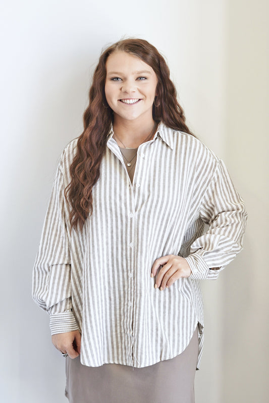 Sydney Striped Button Up Collar Neckline Long Sleeve Button Up Closures Mocha Stripes Full Length 80% Cotton, 20% Polyester