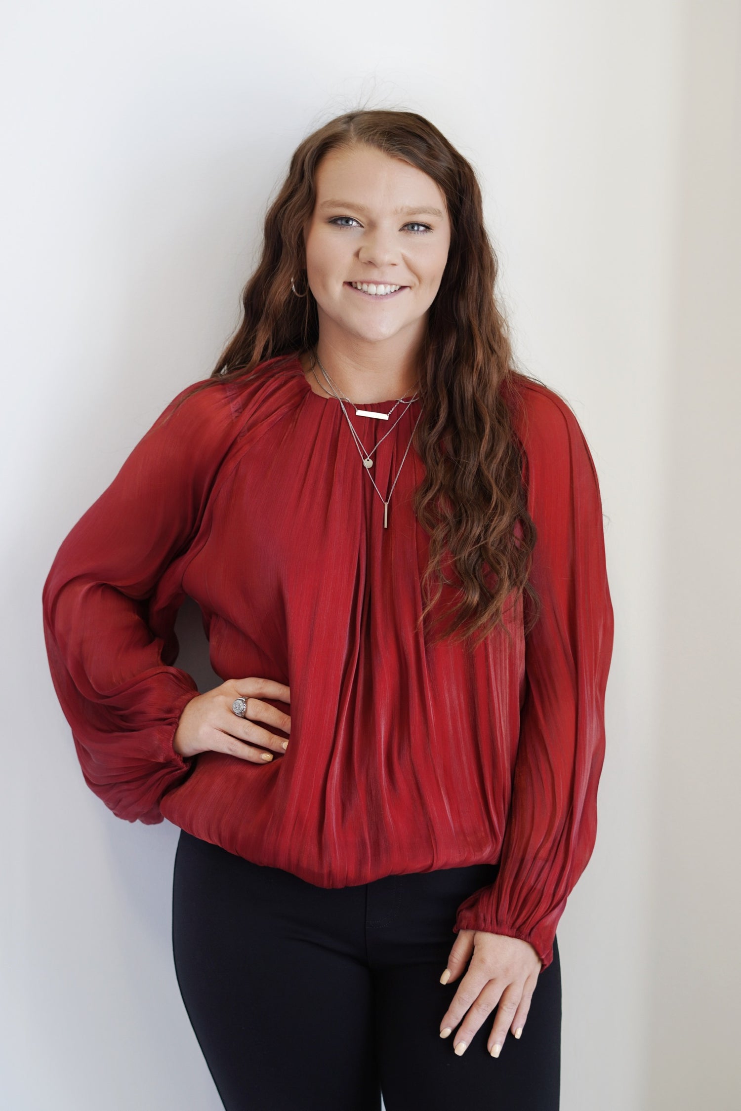 Sure to Shine Burgundy Blouse Round Neckline Long Sleeves Chiffon Material Color: Burgundy Skimmer Length 100% Polyester