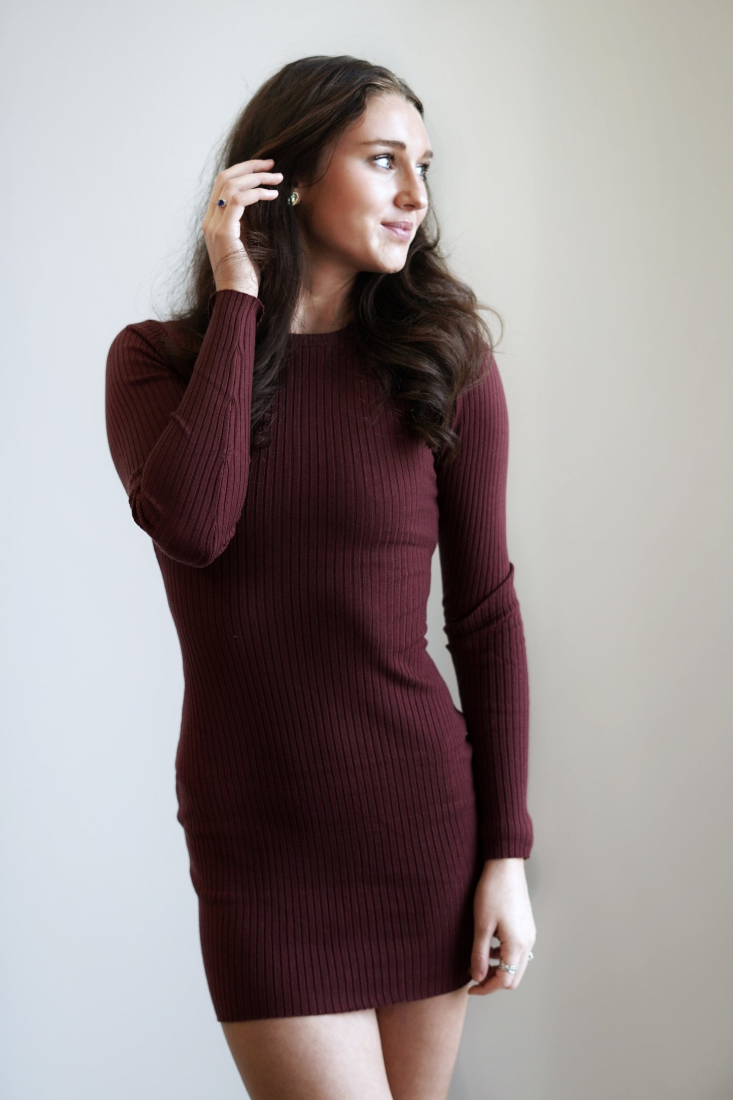 Francy Fitted Knit Sweater Dress Round Neckline Long Sleeves Knitted Material Colors:  Wine Fitted Knee Length 50% Viscose, 32% Rayon, 7% Spandex