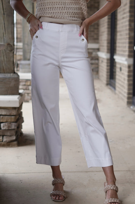 Spanx Stretch Twill Cropped Wide Leg Pants High Waisted Wide Leg Belt Loops Color: Bright White Cropped Length Body: 55% Cotton, 29% Rayon, 13% Polyester, 3% Elastane. Lining: 70% Polyester, 30% Cotton.