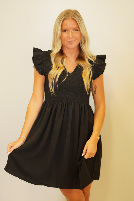 Vanessa V-Neck Dress V-Neckline Flutter Sleeves Mocked Chest A-Line Fit Knee length Black Color 100% Polyester
