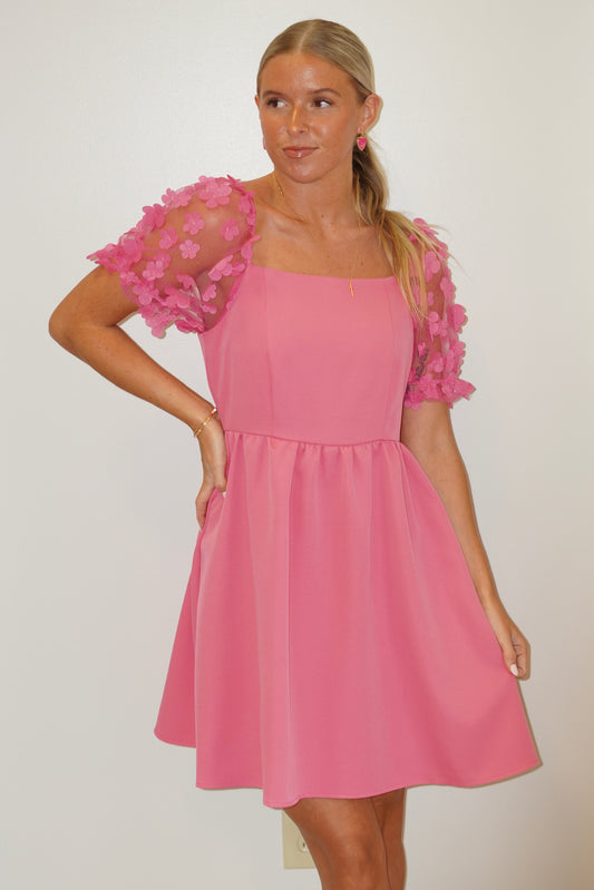 This gorgeous Sarah Solid Fluffy Floral Dress is calling your name! Whether you are looking for a dress for your next school dance, date night, or a fancy event this dress is perfect for you! The Flower puffy sleeve detail adds such a cute and dainty touch.  Floral detail sleeve Hot Pink/White 92% Polyester, 8%Spandex, 30% Nylon Lining