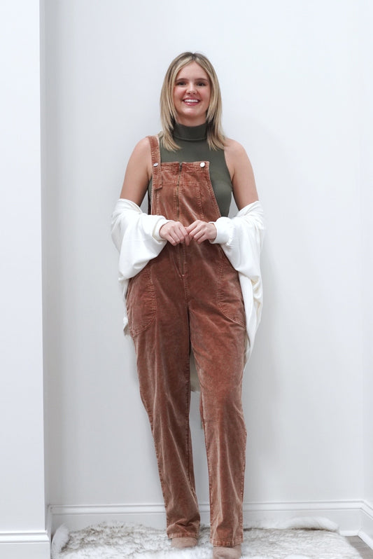 Calla Corduroy Brown Oversized Romper  Square Neckline Sleeveless Overall Style Brown Color Pockets Zipper on Chest 100% Cotton