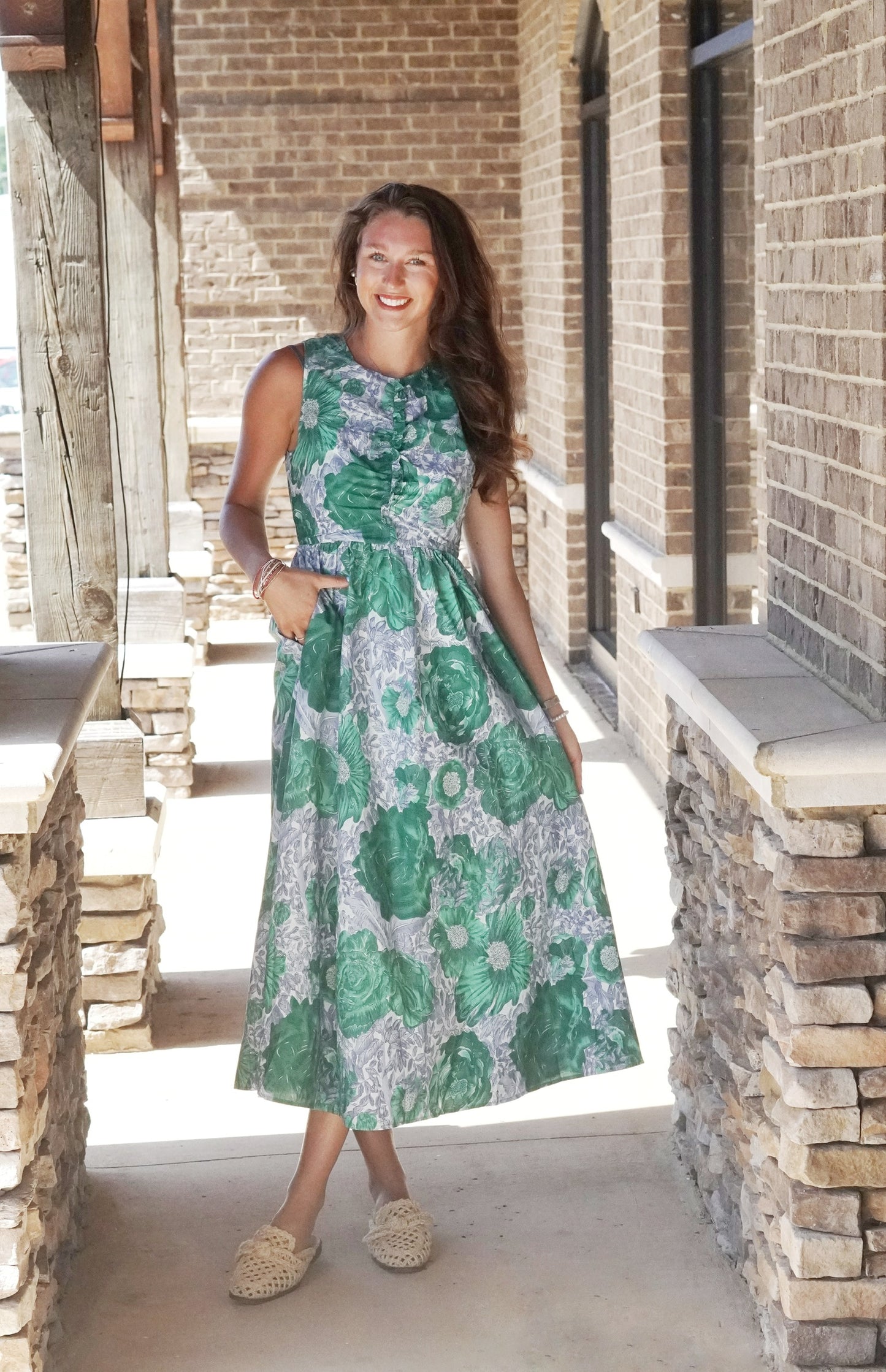 Grace Green Florals Maxi Dress Round Neckline Back Zip Closure Sleeveless Pockets Color: Green Blue Floral Mix Maxi Dress Full Length Dress Underlining Fabric Content: 100% Cotton, 100% Rayon