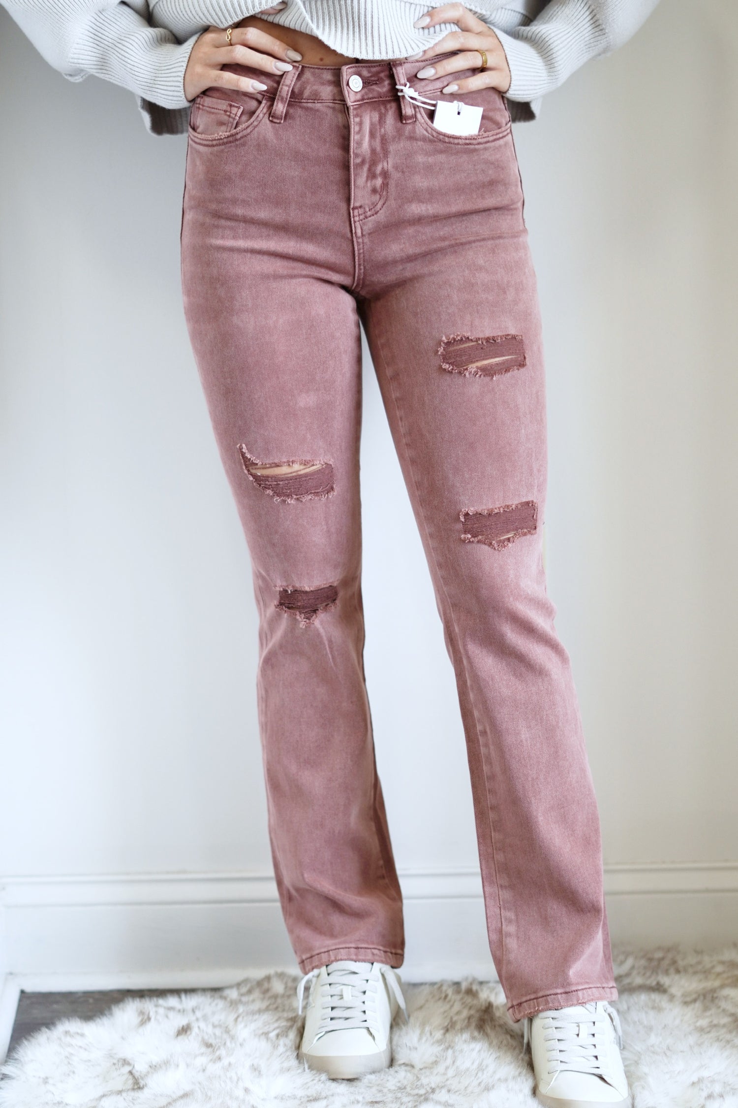 Darling Dusty Rose Cropped Straight Leg Jeans Zipper Fly Straight Leg Cropped Length Fitted Minor Distressing Dusty Rose Color 93% Cotton, 5% Polyester, 2% Spandex Care: Machine wash cold inside out with like colors, Colors will bleed, Do not bleach, Tumble dry low, Warm iron if needed