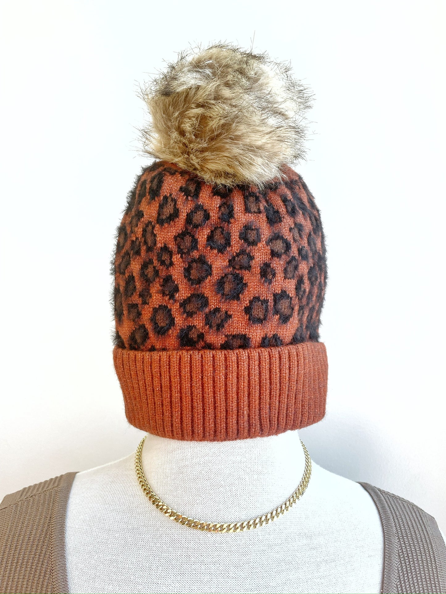 Leopard Pom Pom Top Toboggan Colors: Rust, Black, Brown Pom Pom Top Leapard Print