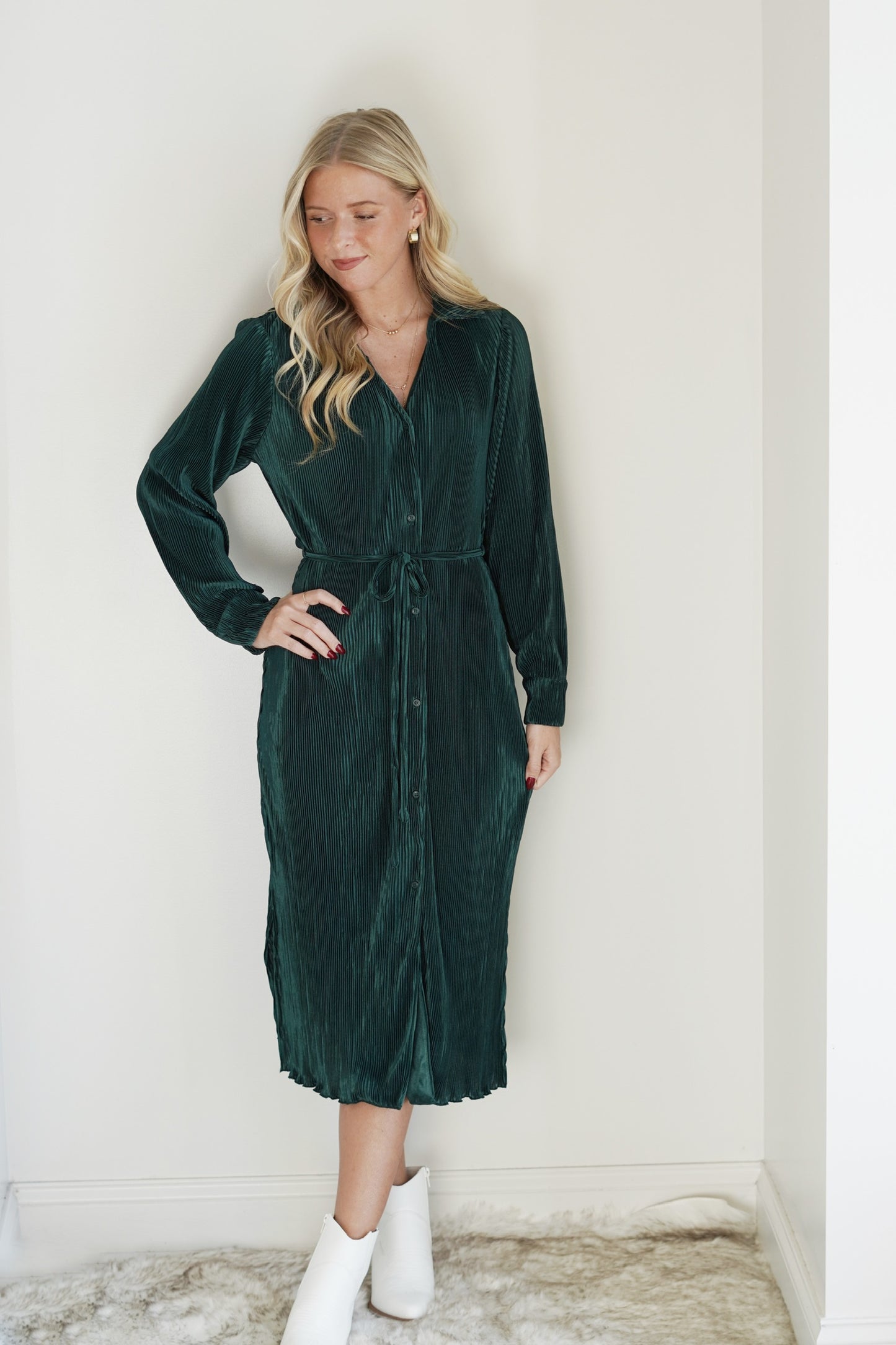 Melody Midi Plisse Collared Dress Collared Neckline Long Cuffed Sleeves Lettuce Trim Waist Belt Tie Button Down Detail Hunter Green Color Sheath Fit Midi Length Side Slits 100% Polyester