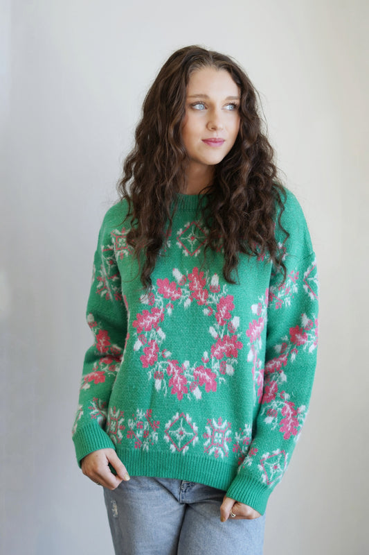 Home for the Holidays Floral Pattern Sweater Crew Neckline Long Sleeves Kelly Green Color Pink and White Floral Pattern Full Length Relaxed Fit 80% Polyester, 20% Nylon