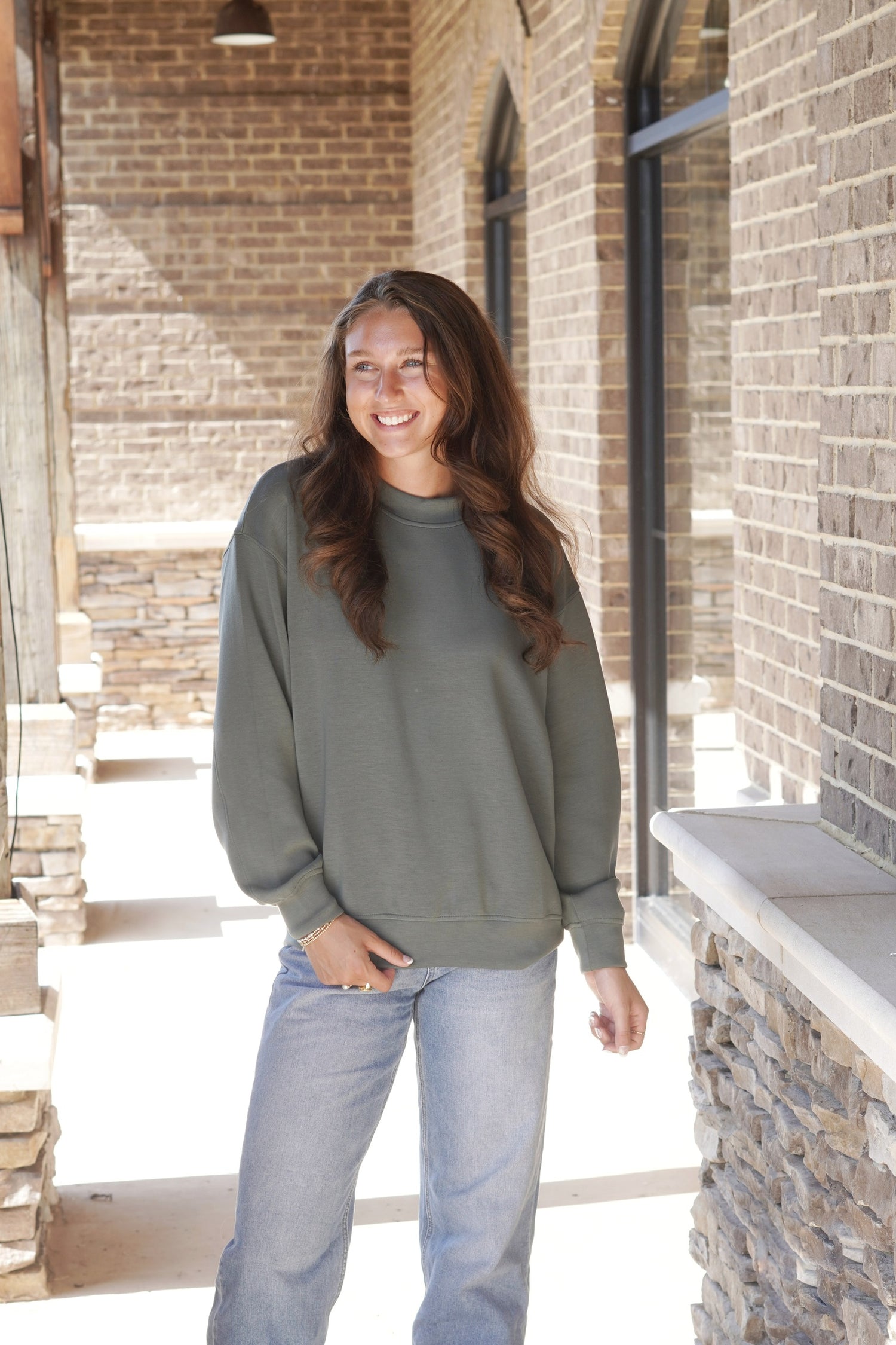 Scuba Mock Neck Pullover Crew Neckline Long Sleeves Relaxed Fit Colors:  Sage Leaf Full Length Fabric Content: 48% Modal, 45% Polyester, 7% Spandex