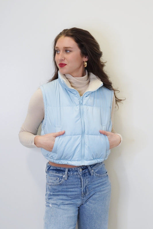 Beautiful in Blue Cropped Puffer Vest Collared Neckline Sleeveless Teddy Fur Lined Color: Sky Blue Cropped Pockets