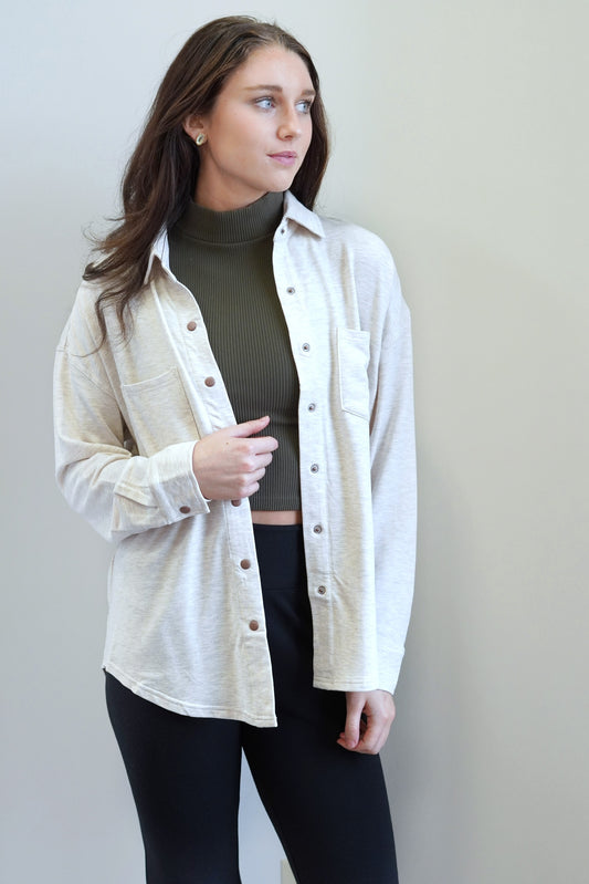 Must Have Modal Shirt Jacket Relaxed Fit Modal Fleece: 97% Modal, 3% Spandex Elevated collared design Front chest pockets Snap buttons Wash cold, dry flat Color: Oatmeal