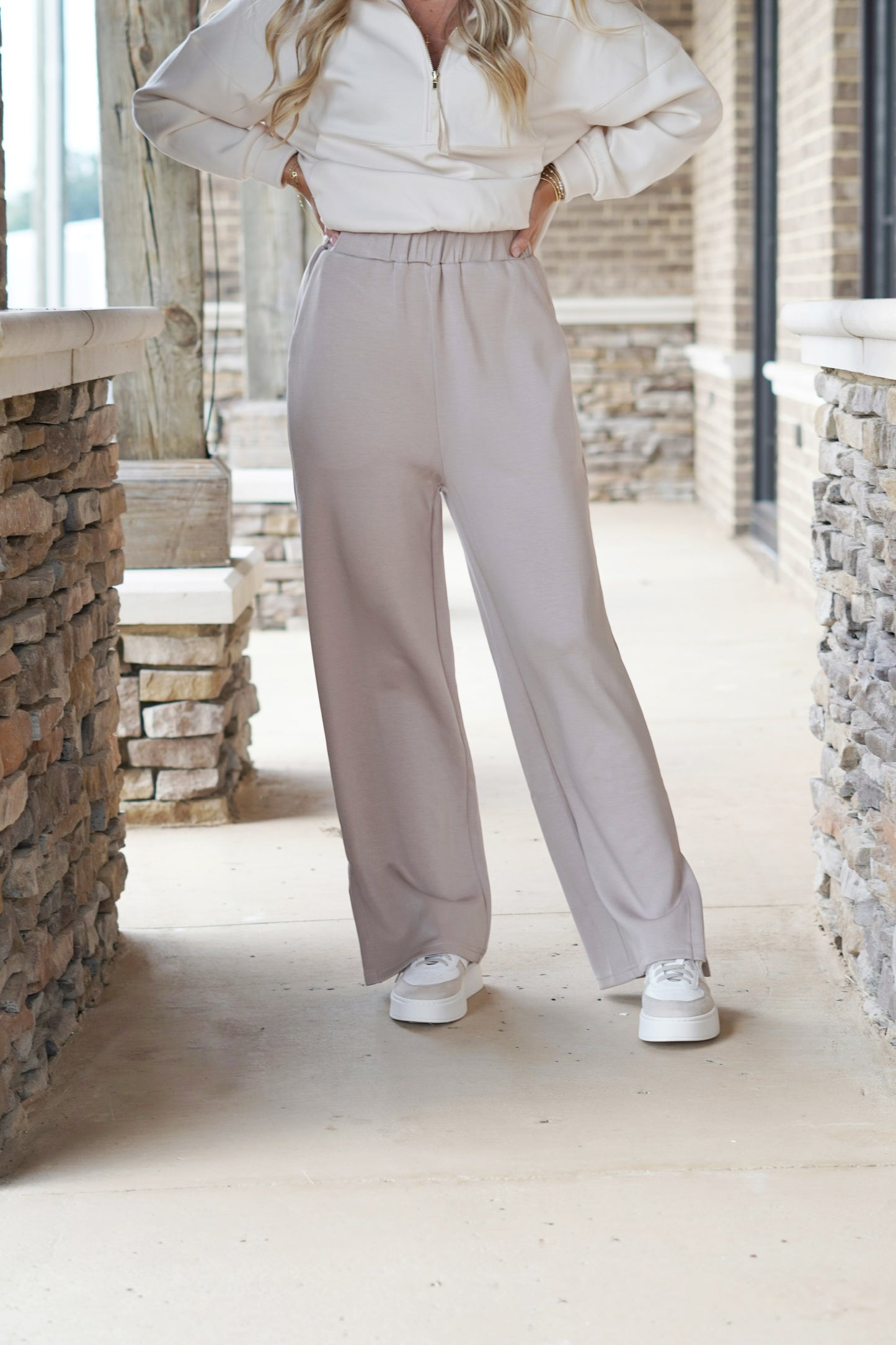 Wren Relaxed Wide Leg Pants Elastic Waistband Inseam: 29" Full Length Slit On Bottom Of Pants Flowy Fit Colors: Taupe Fabric Content: 48% Modal, 48% Polyester, 4% Spandex