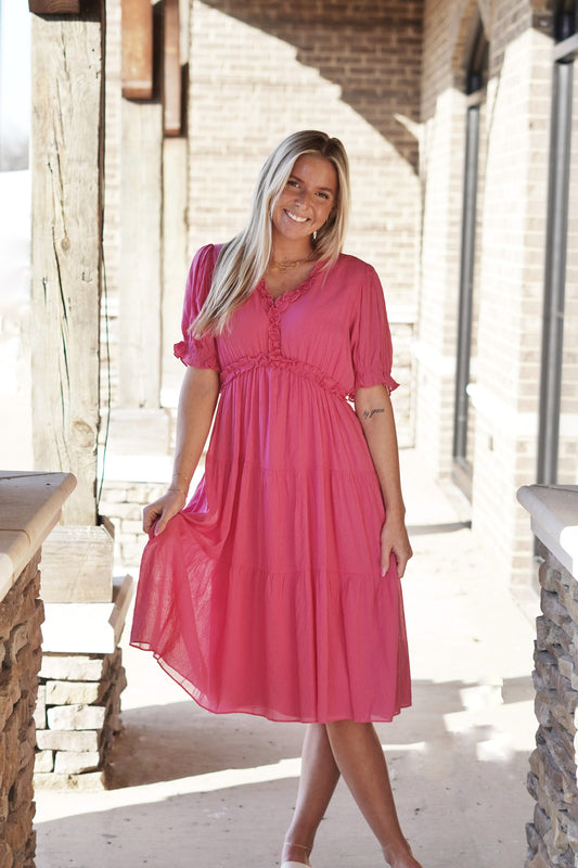 <ul> <li>Pretty In Pink Midi Dress</li> <li>V-Neckline</li> <li>Ruffle Trim Detail</li> <li>Short Sleeve With Ruffle Trim</li> <li>Color: Hot Pink</li> <li>Midi Length</li> <li>Flowy Fit</li> <li>Dress Underlining</li> <li>58% Rayon, 42% Polyester</li> </ul>