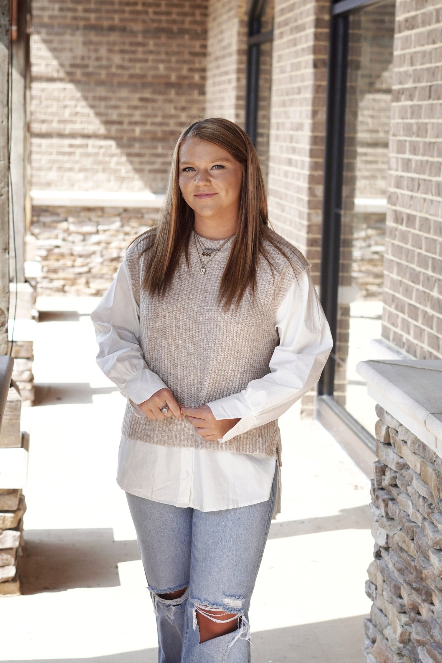 So Chic Layered Sweater Vest Long Sleeves Round Neckline Full Length Sweater Vest Layered Over Button Up Color: Oatmeal Gold Buttons Attached To Sweater Relaxed Fit Fabric Content: 10% Wool, 18% Acrylic, 17% Nylon, 55% Polyester