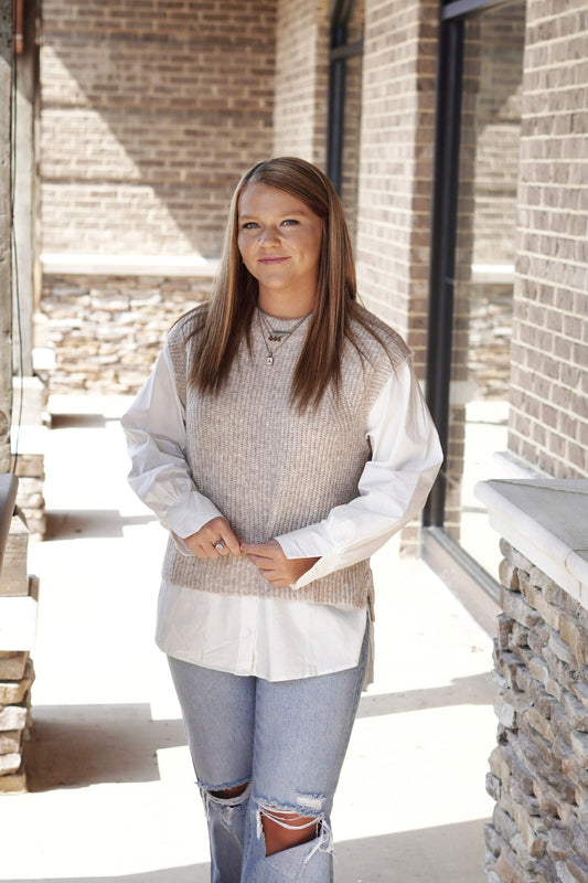 So Chic Layered Sweater Vest Long Sleeves Round Neckline Full Length Sweater Vest Layered Over Button Up Color: Oatmeal Gold Buttons Attached To Sweater Relaxed Fit Fabric Content: 10% Wool, 18% Acrylic, 17% Nylon, 55% Polyester