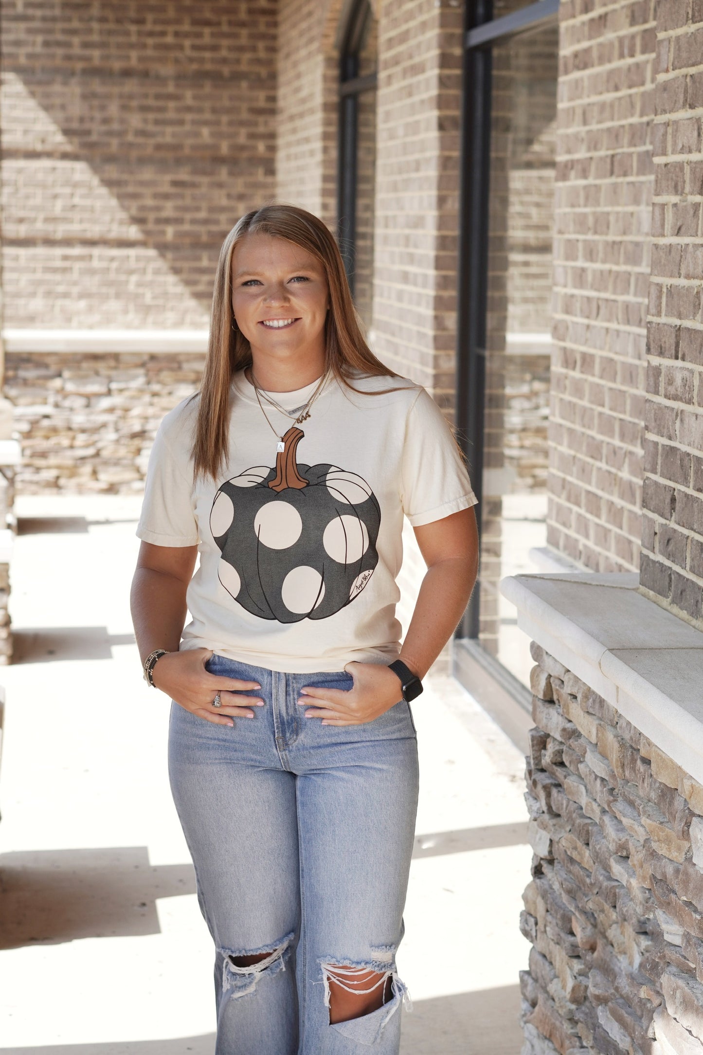 Dottie The Pumpkin Short Sleeve T-Shirt Crew Neckline Short Sleeves Color: Cream Polka Dot Pumpkin Full Length Relaxed Fit Fabric Content: 100% Cotton