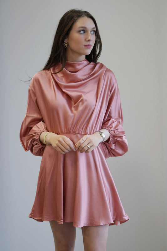 Callie Cowl Neck Dress Cowl Neckline Long Sleeve Open Back Color: Rose Knee Length 95% Polyester, 5% Spandex, 100% Rayon