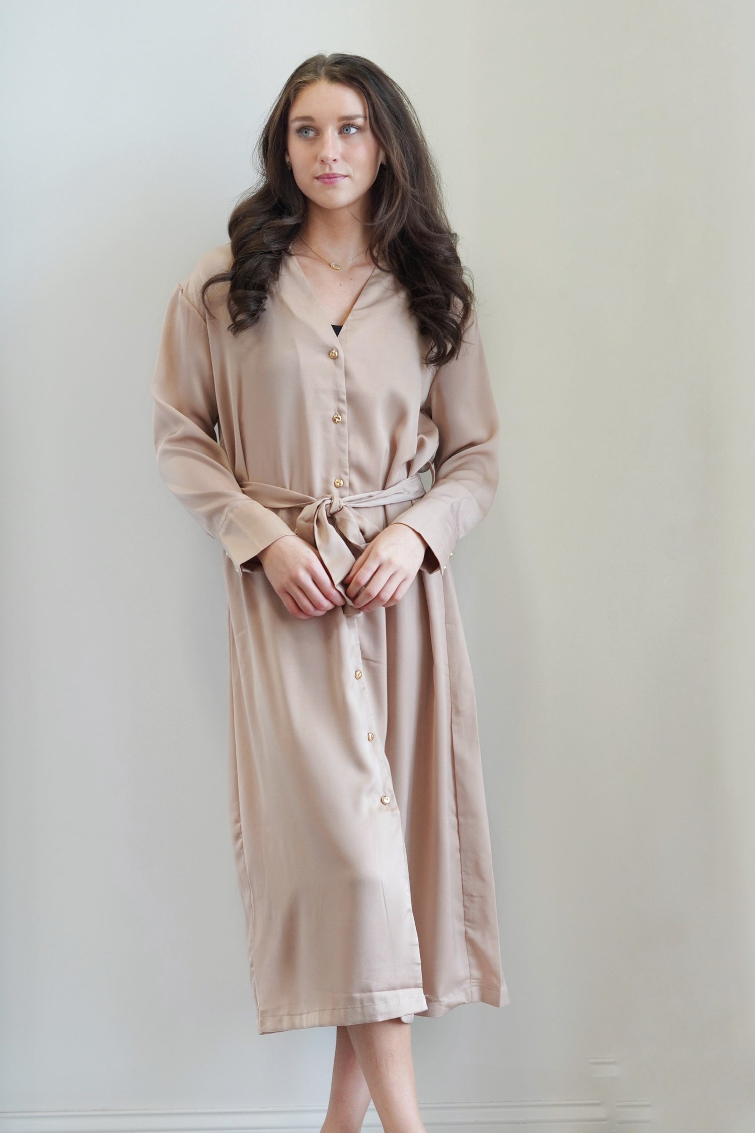 Kay Collared Button Down Maxi Dress Collared Neckline Long Cuffed Sleeve Gold Button Down Detail Front Slit Colors: Gold, Maxi. Length Straight Fit 100% Polyester