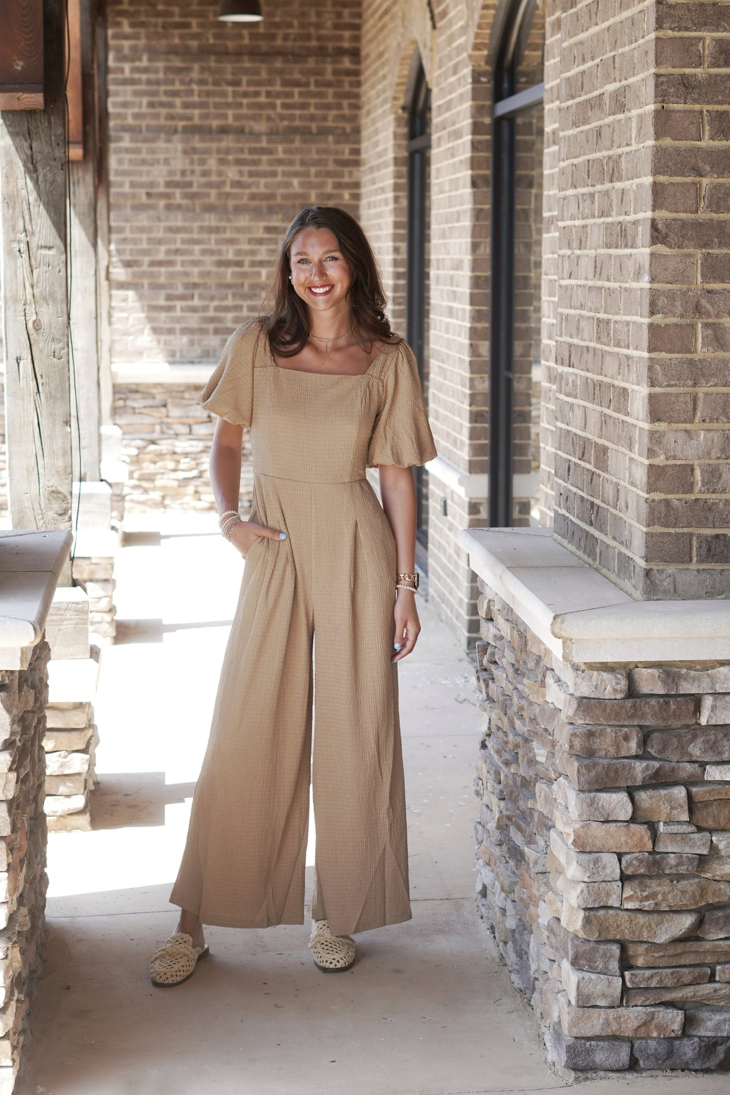 Shelly Square Neck Jumpsuit Square Neckline Short Puff Sleeves Color: Sand Jumpsuit Pockets Back Smocked Bodice True To Size Fabric Content: 95% Polyester, 5% Spandex