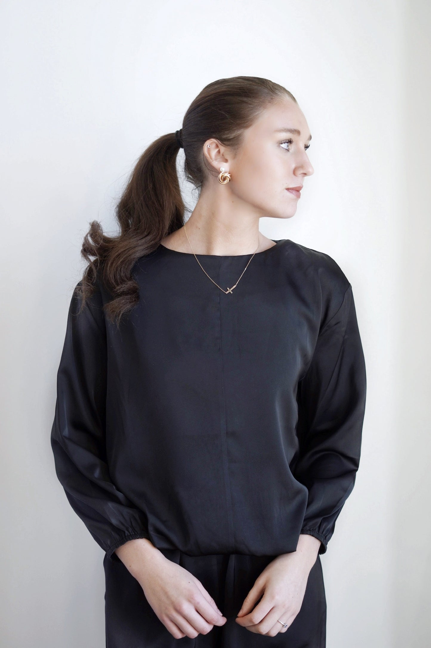 See Me in Satin Waist Tie Top Round Neckline Long Cinched Sleeves Vertical Hem Detail on Front of Top Hem Tie for Waist Colors: Black,  Relaxed Fit Full Length 100% Polyester