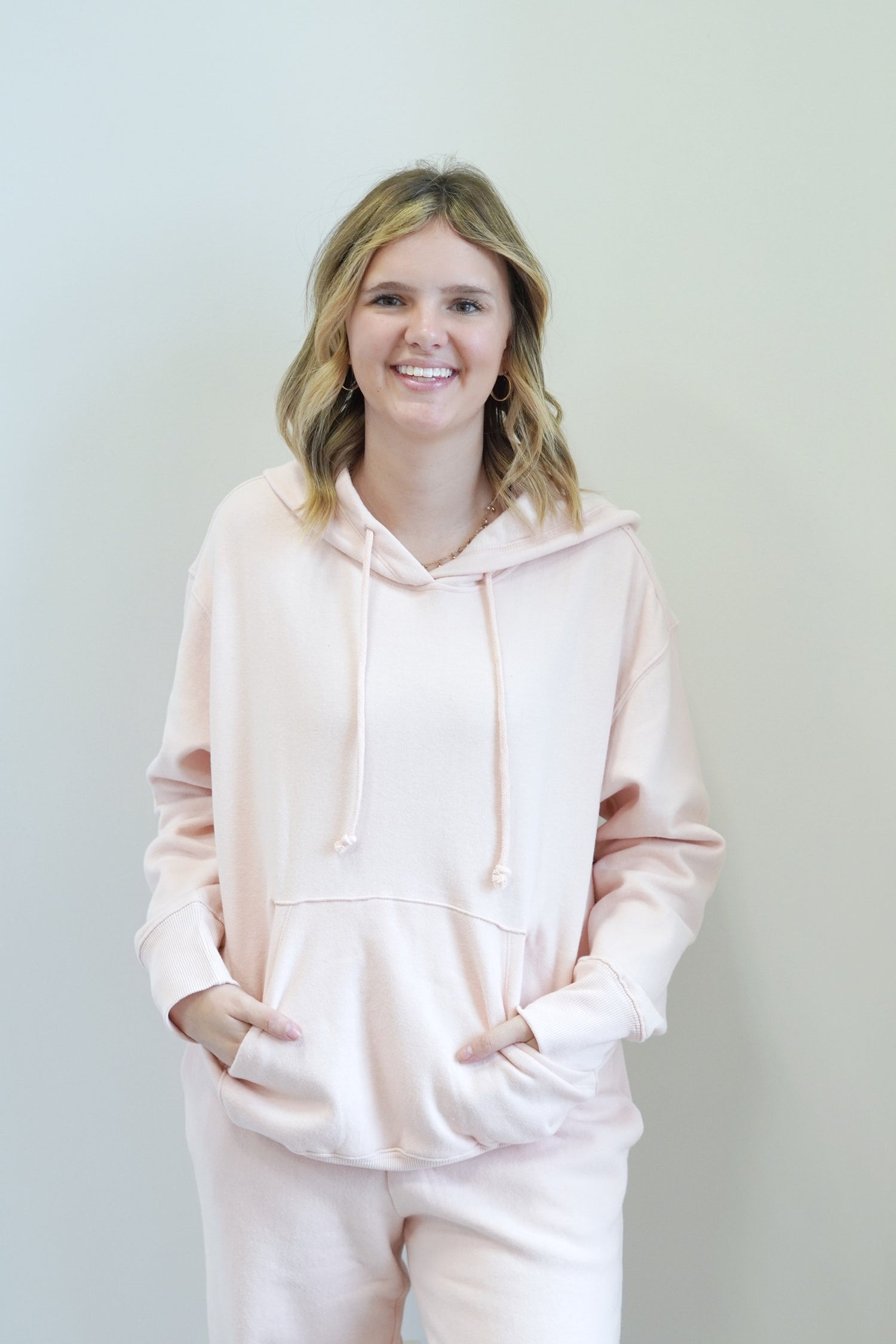 Hannah Oversized All Day Hoodie Hoodie w/ Drawstrings Long Cuffed Sleeves Kangaroo Pocket Oversized Fit Full Length Ribbed Hem Colors:  Pink, 80% Cotton, 20% Polyester