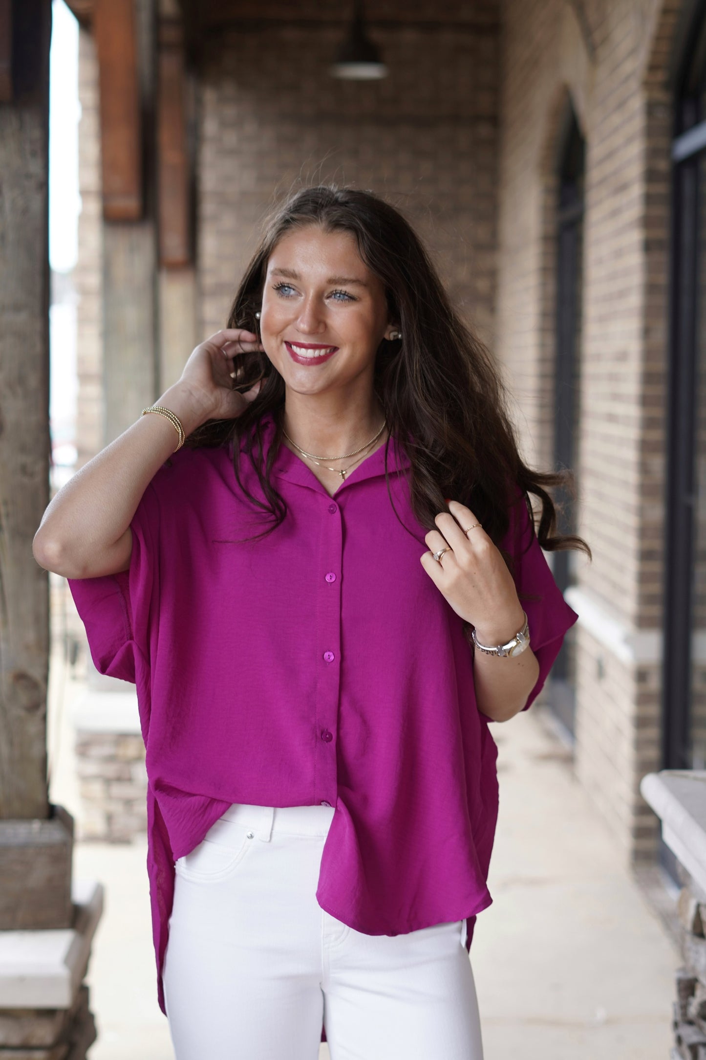 Colleen Collared Short Sleeve Blouse Collared Neckline Short Sleeves Button Up Detail Colors: Magenta, Relaxed Fit Full Length 95% Polyester, 5% Spandex