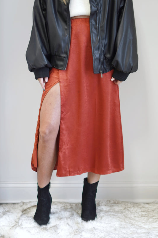 Wren Satin Wrap Skirt Elastic Waistline Zipper Closure Side Slit Midi Length Color: Astro Red True To Size 100% Polyester