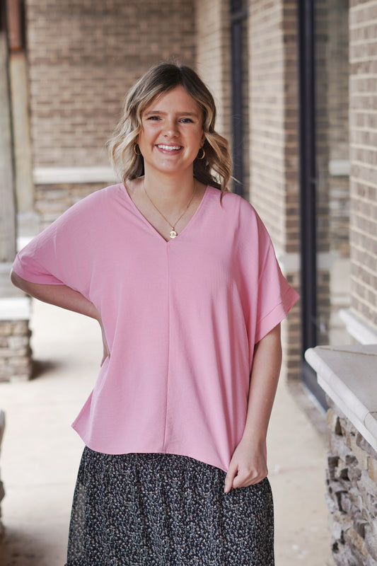 Brighter Days V-Neck Top V-Neckline Short Cuffed Sleeves Lightweight Material Colors:  Candy Pink Relaxed Fit Full Length 100% Polyester