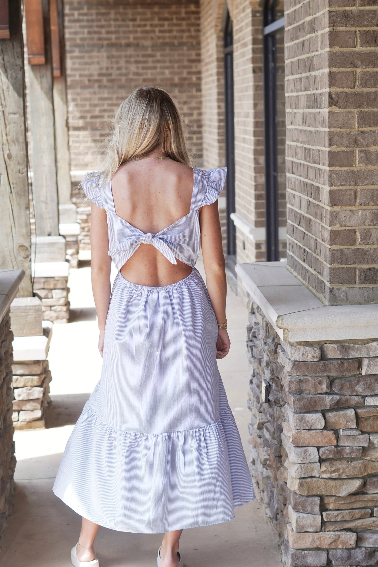 Seaside Striped Flutter Sleeve Midi Dress - Main Image