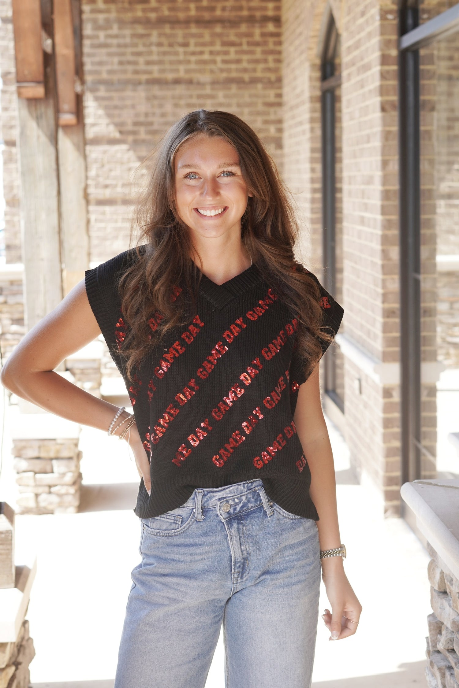 "Gameday" Sequins V-Neck Sweater Vest V-Neckline Sleeveless Sequin Gameday&nbsp; Sweater Vest Full Length Color: Black Fabric Content: 55% Acrylic, 45% Cotton