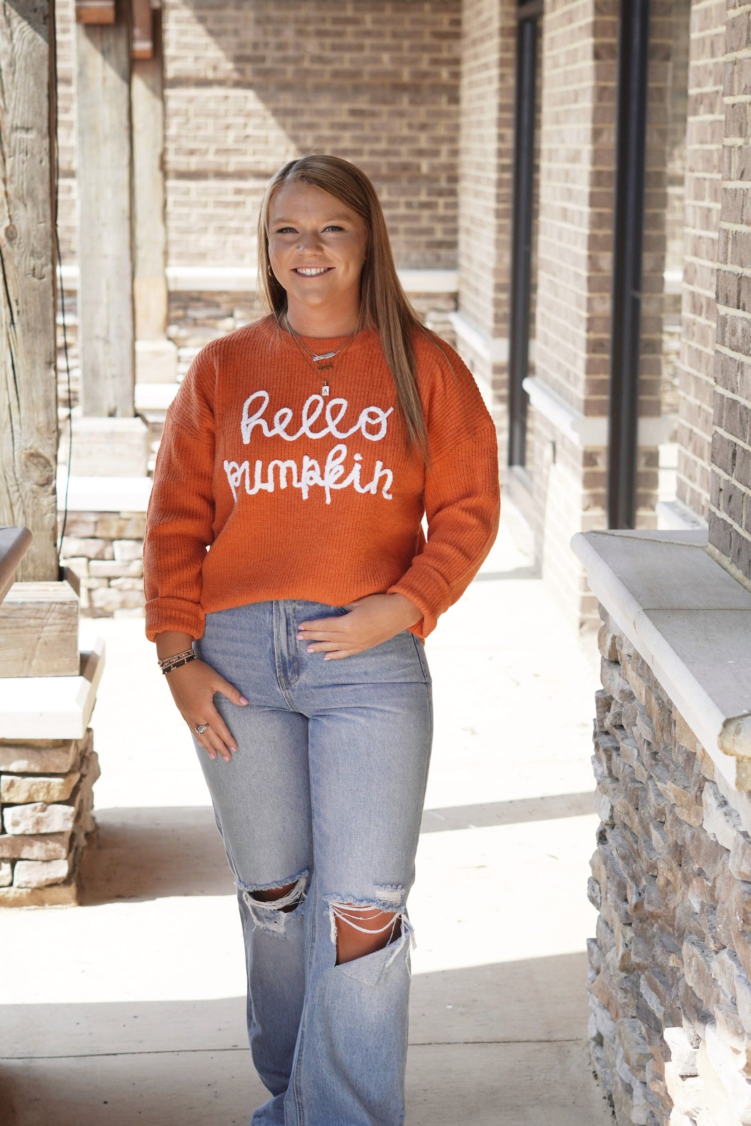 Hello Pumpkin Sweater Crew Neckline Knit Material Hello Pumpkin Color: Burnt Orange Long Sleeves Relaxed Fit Fabric Content: 100% Acrylic