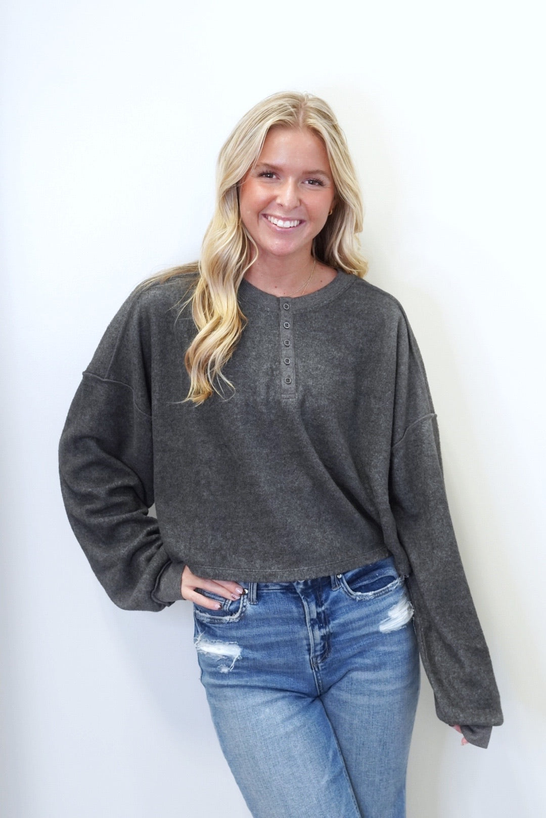Hello Henley Super Soft Top Round Neckline Long Cuffed Sleeves Halfway Button Down  Colors:  Charcoal Skimmer Length Relaxed Fit 60% Polyester, 40% Rayon
