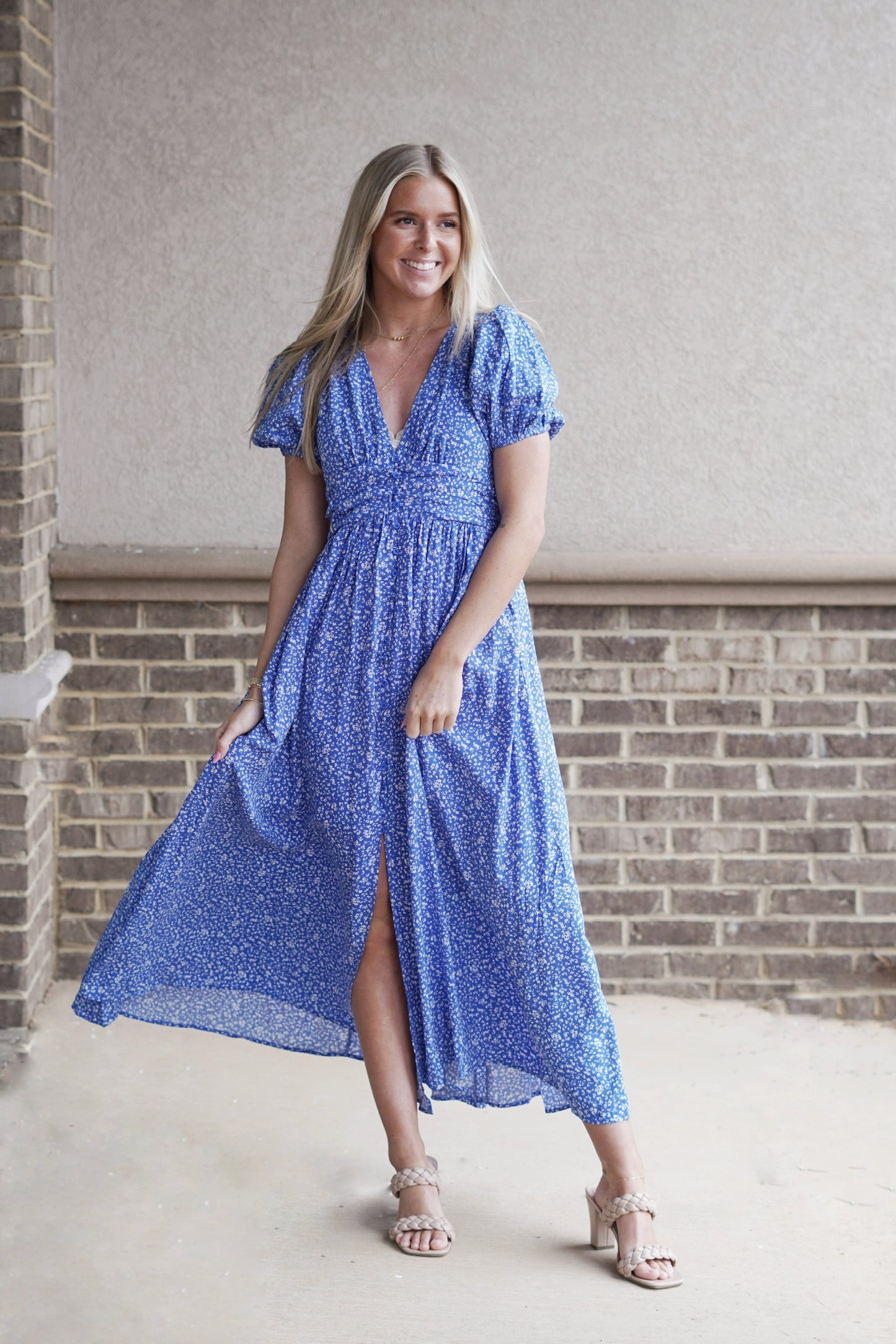 Brinley Blue Floral Print Maxi dress V Neckline Button Down Short Sleeve Floral Print Color: Blue Maxi Dress Dress Underlining 100% Rayon