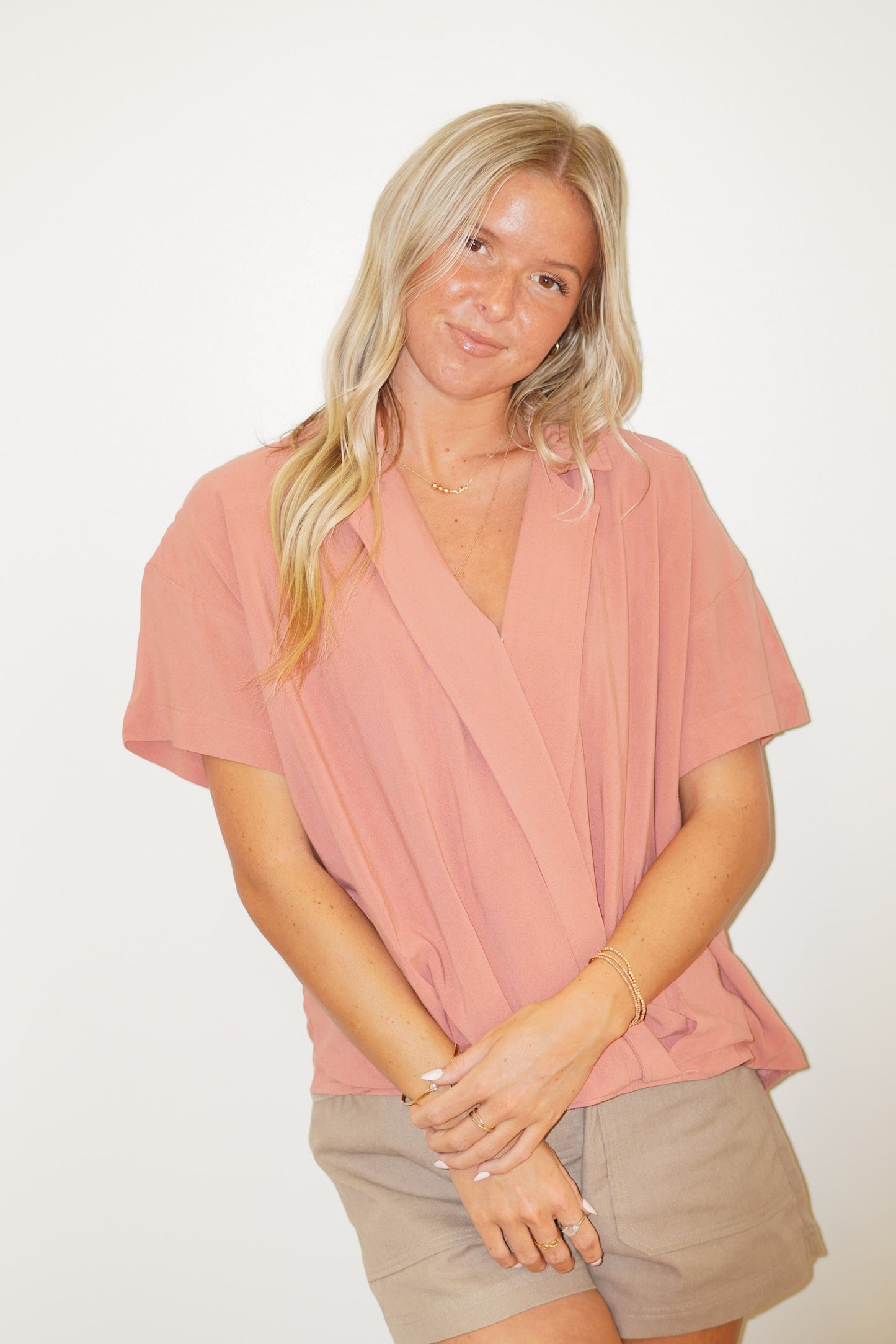 Danikah Collared Blouse  Chic classic collared blouse Surplice blouse  Available in Lush  French Rose color  100% Rayon Hand wash cold, Do not beach, Line dry, Iron on low
