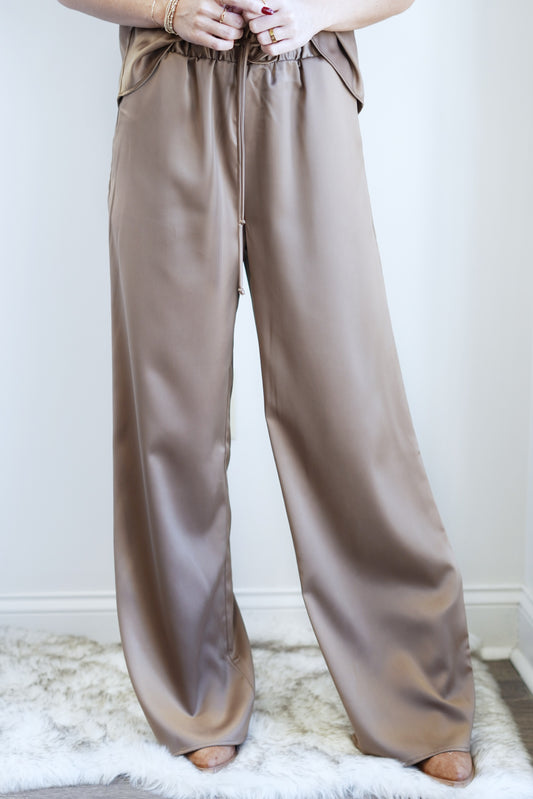 Stella Satin Tie Waist Pants Mid Rise Elastic Waistband w/ Tie Color: Coffee Full Length Relaxed Fit