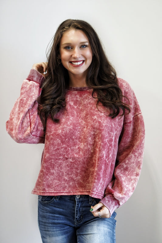 Addison Acid Wash Crew Neck  Crew Neckline Long Cuffed Sleeves Acid Washed Fabric Raw Hem Detail Colors: Berry,   Full Length Relaxed Fit 50% Cotton, 50% Polyester
