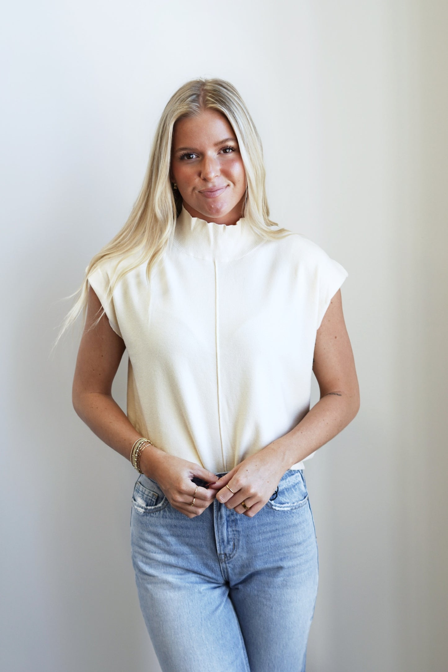 Minidy Mock Neck Cap Sleeve Knit Top Mock Neckline Short Cap Sleeves Relaxed Fit Full Length Color: Cream