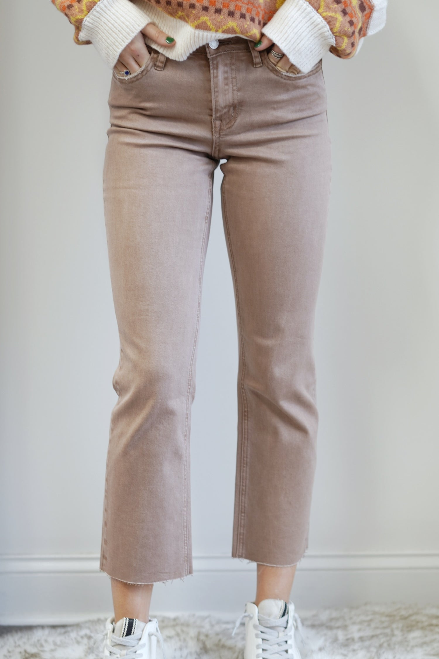 Kira Cropped Desert Taupe Straight Leg Jeans Mid Rise Zipper Fly Closure Color: Desert Taupe Cropped Length Fitted Straight Legs 93% Cotton, 5% Polyester, 2% Spandex