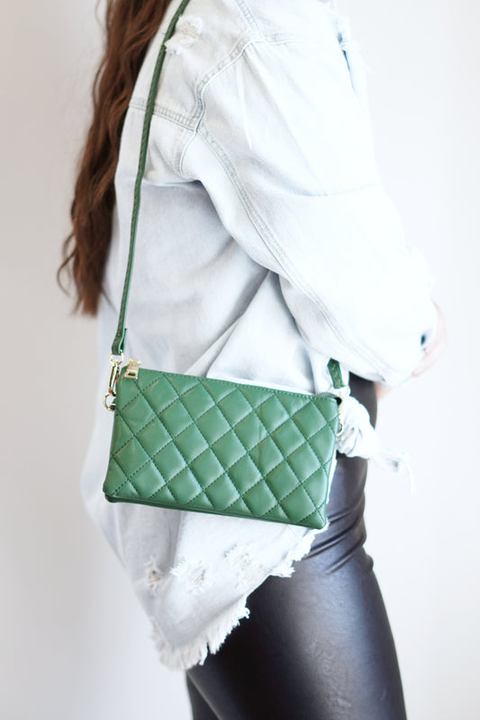 Riley Quilted Crossbody Wallet 5 Compartments 6 Card Slots  1 Interior Zipper  Zipper Closer   Colors:  green One Crossbody Strap, One Wristlet Strap - Both Removable 8.5 x 5.5in
