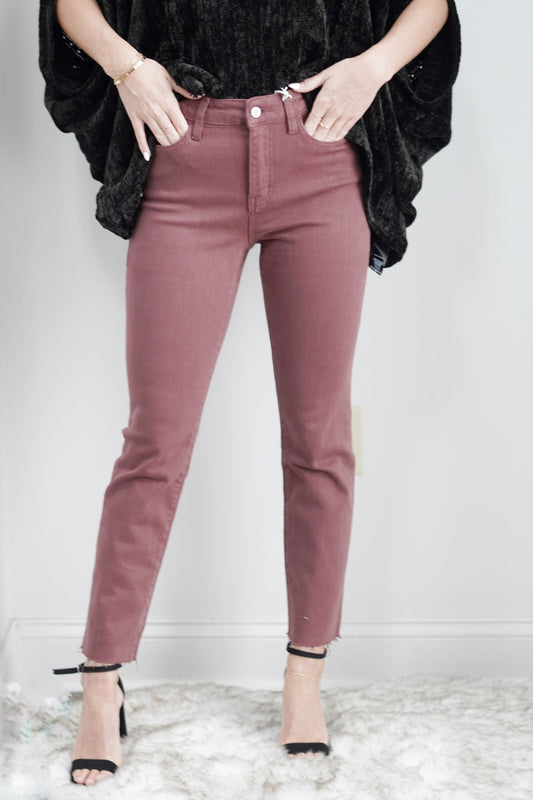 Rosie Brown Slim Straight Cropped Jeans Mid Rise Zipper Fly Closure Color: Rose Brown Cropped Ankle Length Straight Leg Fit Raw Hem 92% Cotton, 6% Polyester, 2% Spandex