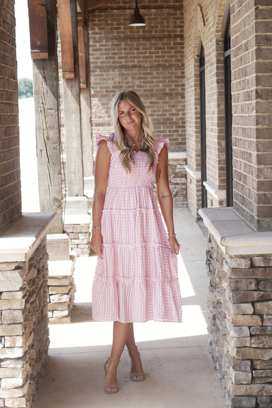 Polly Pink Midi Dress Sleeveless Ruffle Trim Straps White Stripe Detail Color: Pink Midi Length Dress Underlining Fabric Content: 47% Polyester, 43% Cotton, 10% Nylon.
