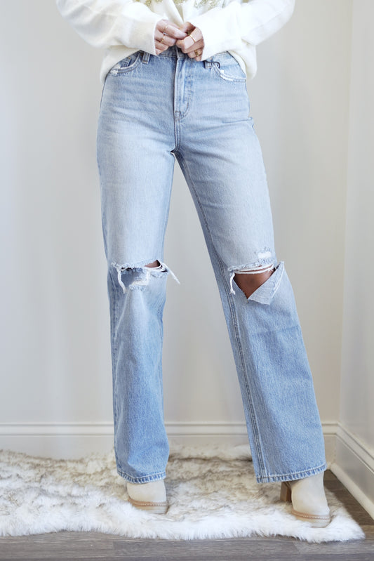 Valery Vintage Distressed High-Rise Jeans Button/Zipper Closure Full Length/Wide Leg Distress On Both Knees Color/Denim 100% Cotton