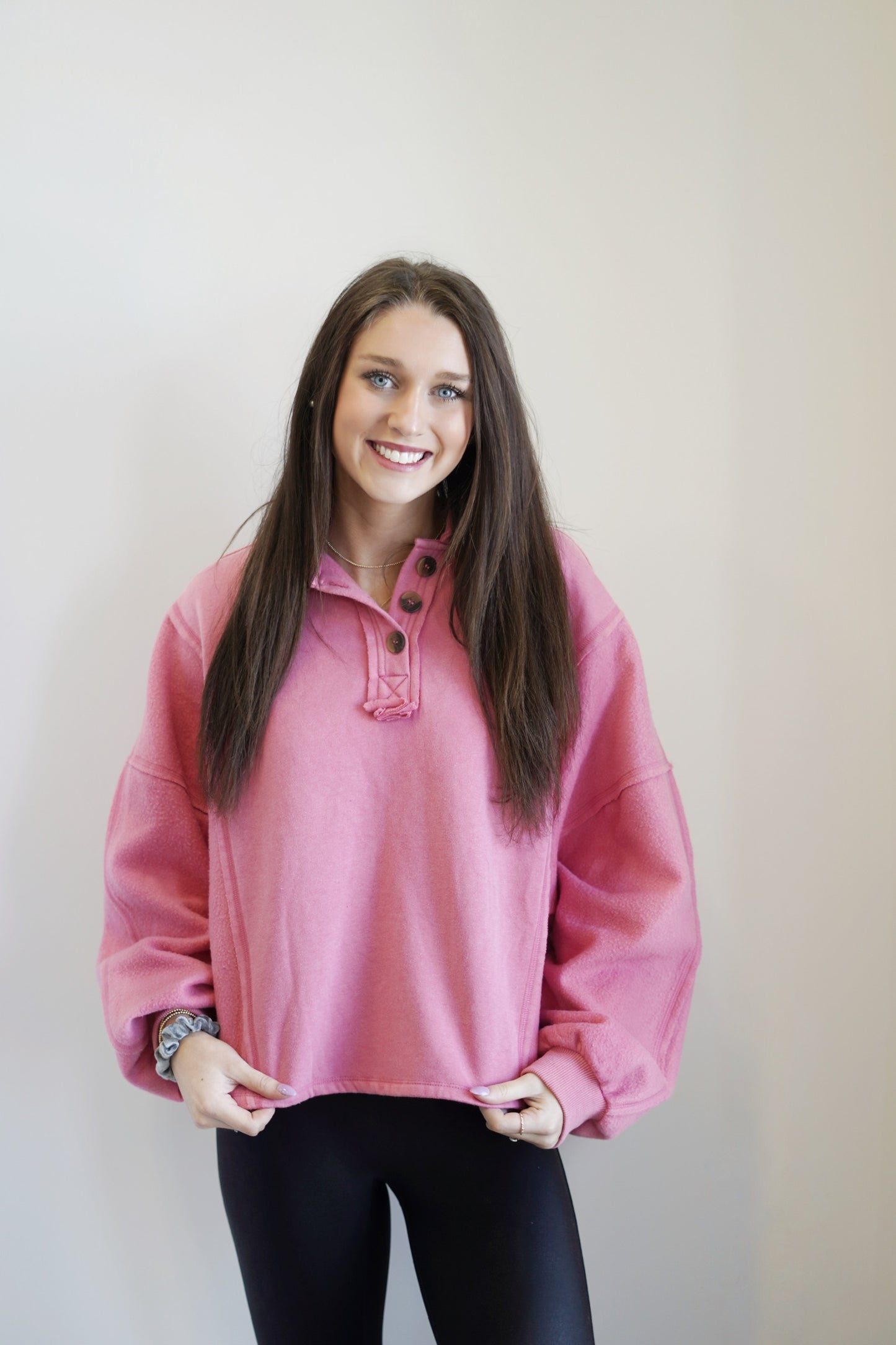 Ready for the Day Raw Hem Pullover Henley Collared Neckline Long Cuffed Sleeves Raw Hem Detail Colors: Pink,  Full Length Relaxed Fit 60% Polyester,40%. Cotton