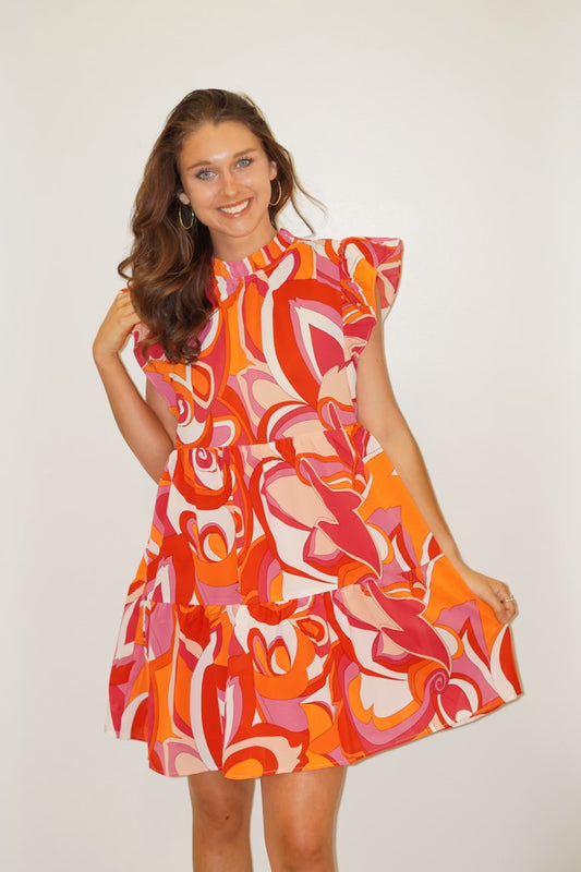 Polly Pattern Dress Round Ruffle neckline Flutter Sleeve A-Line Fit Orange, Pink, Red, and White Swirl Patter Knee Length 100% Polyester, 100% Polyester Lining