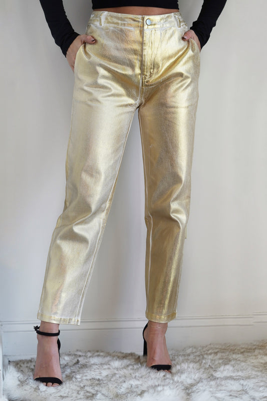 Gold Rush Straight Leg Pants High Waisted Zipper Closure Belt Loops White w/ Gold wash Straight Leg Ankle Length 97% Cotton, 3% Spandex