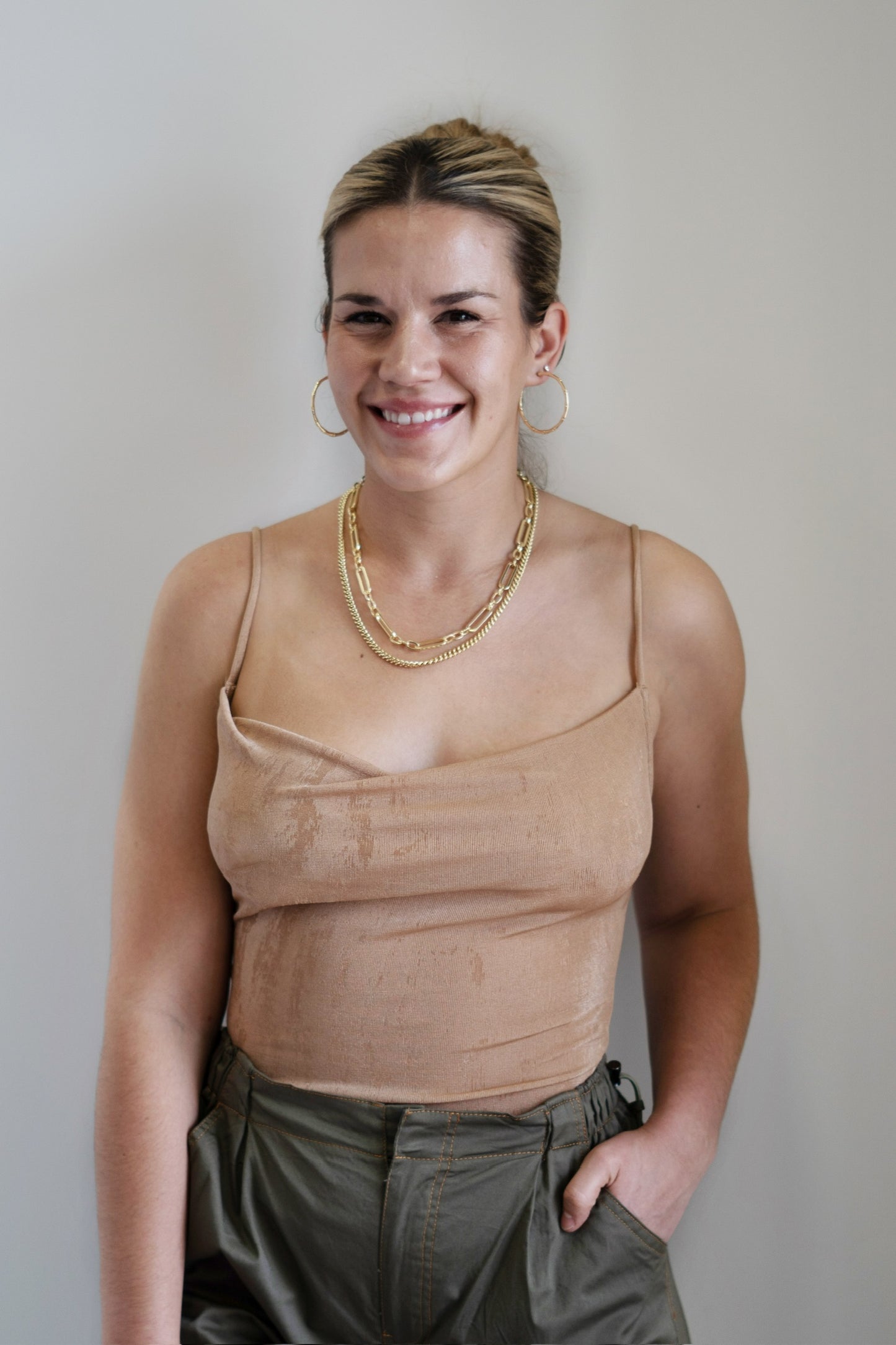 Samantha Sleek BodySuit Cowl Neckline Spaghetti/Adjustable Straps Colors/  Taupe Button Closure 95% Polyester, 5% Spandex