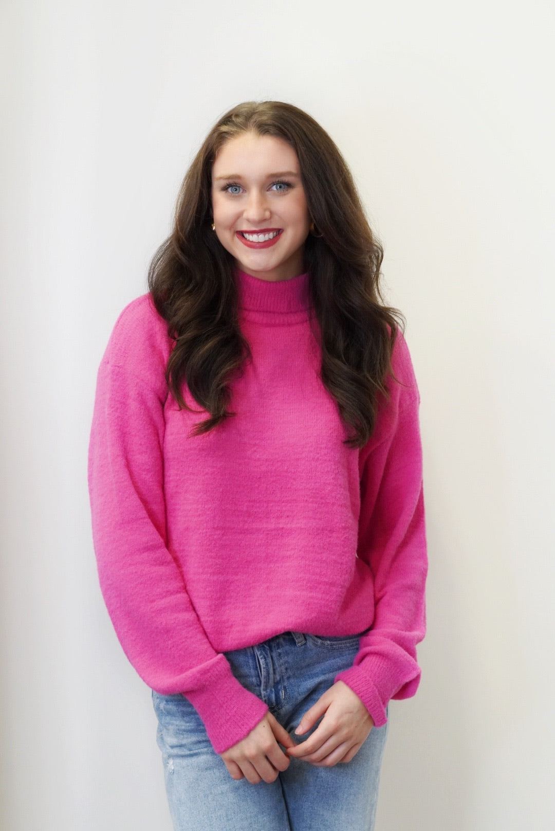 Nelly Knit Turtleneck Sweater Turtleneck  Long Cuffed Sleeves Colors: Fuchsia, Relaxed Fit Full Length 90% Nylon, 10% Polyester